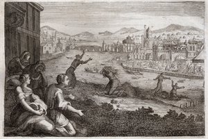 Royaumont Biblia, Ószövetség: Egyiptom szülésznõi. A fáraó az izraeliták fiúgyermekeit a Nílusba veti. Illusztráció 1811-ből. alkotó: Unknown artist