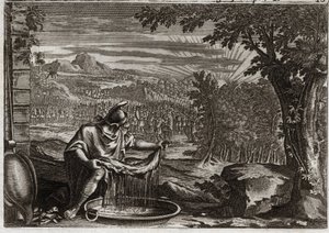 Royaumont Biblia, Ószövetség: Gyapjúcsoda. Gedeon (Gideon) Istentől szerezte meg a gyapjú csodáját annak bizonyítékául, hogy ő választotta, és népe felszabadítójává teszi. Illusztráció 1811-ből. alkotó: Unknown artist
