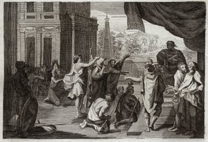 Royaumont Biblia, Ószövetség: Mózes a fáraó előtt. Mózes arra kéri a fáraót, hogy engedje el a hébereket a pusztába áldozni az Úrnak. Illusztráció 1811-ből. alkotó: Unknown artist
