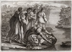 Royaumont Biblia, Ószövetség: Mózes megmenti a vizet. A fáraó lánya kivonta Mózest a Nílus vizéből, és örökbe fogadta fiának. Illusztráció 1811-ből. alkotó: Unknown artist