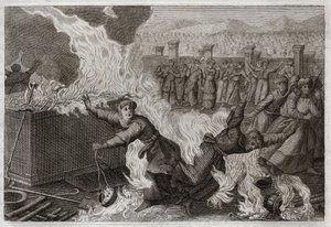 Royaumont Biblia, Ószövetség: Nadab és Abiu. Nádáb (Nadav) és Abiu (Abihou), Áron fiai, akik idegen tüzet gyújtottak tömjéneikbe, hogy tömjént kínáljanak Istennek, magában a hajlékban elégették meg. Illusztráció 1811-ből. alkotó: Unknown artist