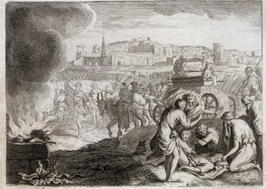 Royaumont Biblia, Ószövetség: Oza üt Istennel. Dávid haza akarja vinni a frigyládát. Oza meghalt, aki odatette a kezét, nehogy leessen. Illusztráció 1811-ből. alkotó: Unknown artist