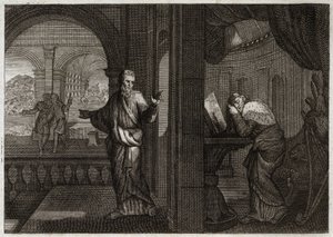 Royaumont Biblia, Ószövetség: Dávid bűnbánata. Isten elküldi Nátán prófétáját Dávidhoz, hogy képviselje hibáját. Az a sajnálat, amit ez a szent király kitalált belőle, arra készteti, hogy elfogadja mindazt a rosszat, amit a próféta megjósolt neki. Illusztr alkotó: Unknown artist