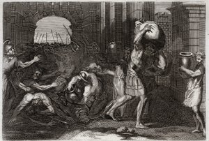 Royaumont Biblia, Ószövetség: Elizeus jóslata. Szamária Ura, aki félrevezette Elizeus szavait, lábai előtt tolong. Illusztráció 1811-ből. alkotó: Unknown artist