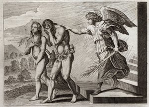 Royaumont Biblia, Ószövetség: Ádám büntetése. Isten kiűzi Ádámot és Évát a Paradicsomból, miután elestek, és egy Cherubint állít az ajtó elé, hogy megvédje bejáratukat. Illusztráció 1811-ből. alkotó: Unknown artist