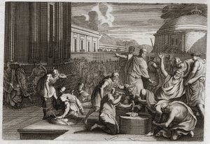 Royaumont Biblia, Ószövetség: Adonibesec büntetése. Josue halála. Adonibesec király (Adonibesech, Adoni Bezek, Adoni-Bezek) miután a zsidók dacoltak vele, levágták lábai és kezei végét, ahogyan levágta, még hetven király korában is. alkotó: Unknown artist