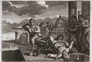 Royaumont Biblia, Ószövetség: Héli büntetése. Isten, hogy megbüntesse Heli (Eli) nagypapot a gyermekei parancsának átvételekor elkövetett hanyagságáért, megengedi neki, hogy leessen a helyéről és betörje a fejét a halálhír hallatán. alkotó: Unknown artist