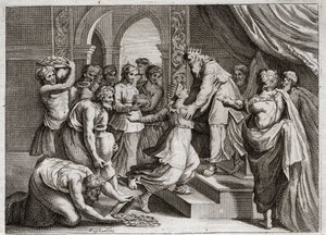 Royaumont Biblia, Ószövetség: Sába királynője. Sába királynője eljön Salamonhoz, hogy meghallgassa bölcsességét, és megajándékozza őt. Illusztráció 1811-ből. alkotó: Unknown artist