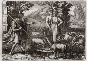 Royaumont Biblia, Ószövetség: Ráhel és Lea. Jákób Lábánt, a nagybátyját szolgálta, hogy feleségül vegye lányát, Ráhelt. Illusztráció 1811-ből. alkotó: Unknown artist