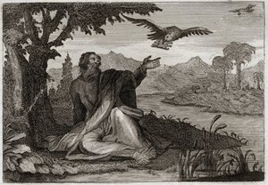 Royaumont Biblia, Ószövetség: Illés hollói. Isten a földet sújtotta egy hároméves meddőgyulladással, Illés prófétát elküldte egy patakon, vagy két varjú hozott neki élelmet. Illusztráció 1811-ből. alkotó: Unknown artist