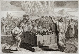 Royaumont Biblia, Ószövetség: Illés áldozata. És megismertette az igaz Istent a tűz csodájával, amely az égből szállt alá az ő áldozatára, és megparancsolta a népnek, hogy öljék meg a Baál bálványának négyszázötven papját. Illusztrált alkotó: Unknown artist