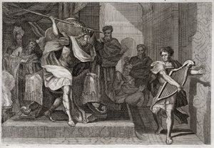 Royaumont Biblia, Ószövetség: Saul meg akarja ölni Dávidot. Saul tele haraggal és irigységgel Dávid ellen, ki akarja szúrni a lándzsáját, amikor előtte hárfán játszott. Illusztráció 1811-ből. alkotó: Unknown artist