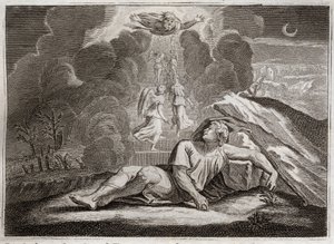 Royaumont Biblia, Ószövetség: Jákob mérlege. Jákob Ézsau haragja elől menekül, titokzatos létrán alszik. Illusztráció 1811-ből. alkotó: Unknown artist