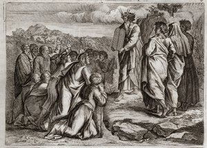 Royaumont Biblia, Ószövetség: A törvény második táblázatai. Isten más táblázatokat is ad Mózesnek (Tízparancsolat), amelyeket az emberek tisztelettel fogadnak. Illusztráció 1811-ből. alkotó: Unknown artist