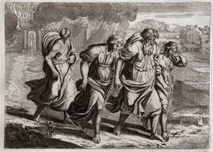 Royaumont Biblia, Ószövetség: Sodom brulee. Isten felbosszantja Szodoma utálatos bűneit, felgyújtja a többi szomszédos várossal együtt, tűzesővel és kénesővel, amelyet az égből éget el (Loth, lányai és felesége a városból menekülve). Illustr alkotó: Unknown artist