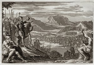 Royaumont Biblia, Ószövetség: Gedeon katonái. Isten megparancsolja Gedeonnak (Gideonnak), hogy vezesse minden csapatát a Jordán folyóhoz, és jelet ad neki, hogy felismerje azokat, akiket a midiániták elleni harcra használ. Illusztráció 1811-ből. alkotó: Unknown artist