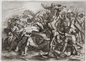 Royaumont Biblia, Ószövetség: Sun Stop. Joshua, aki üldözi amorita ellenségeit (amorritákat), megállítja a Napot, hogy több ideje legyen feloldani őket. Illusztráció 1811-ből. alkotó: Unknown artist