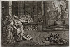 Royaumont Biblia, Ószövetség: Bél bálványa. Dániel elpusztította Bél bálványát, és megölt egy sárkányt, akit a babilóniaiak imádtak. Illusztráció 1811-ből. alkotó: Unknown artist