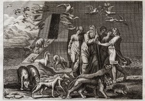 Royaumont Biblia, Ószövetség: A szivárvány. Noé elhagyja a bárkát, és áldozatot mutat be Istennek, aki kedvezően fogadja azt. Megígéri, hogy nem küld több özönvizet a földre. A szivárványt adja ennek az ígéretnek az igazságának jeléül. Illusztráció a 181-b alkotó: Unknown artist