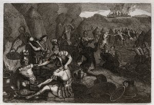 Royaumont Biblia, Ószövetség: Sicelág tolvajok. Néhány amáleki eljön, hogy Dávid távollétében kifosztja Siceleget. Dühösen fut, és elveszíti őket. Illusztráció 1811-ből. alkotó: Unknown artist