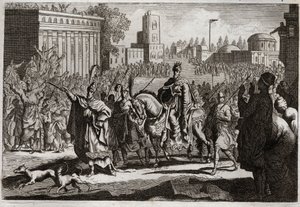 Royaumont Biblia, Ószövetség: Mardochee diadala. Ámánt (Hámánt) a király arra kényszeríti, hogy közölje ellensége Mardochee (vagy Mordekhai vagy Mordecai) győzelmét Susan (ismertebb nevén Susa) városában. Illusztráció 1811-ből. alkotó: Unknown artist