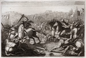 Royaumont Biblia, Ószövetség: Júdás győzelme. Judas Machabee (Maccabee, Macabee) legyőzte Apolloniust, Seront, Ptolemee Macront, Gorgiaszt, Nikánort és Lysiast különböző csatákban. Illusztráció 1811-ből. alkotó: Unknown artist
