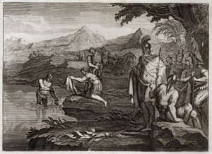 Royaumont Biblia, Ószövetség: Naamán háborúja. Naamán, a szíriai király seregének hadvezére eljött, hogy megtalálja Elizeus prófétát, aki meggyógyult leprájából. Illusztráció 1811-ből. alkotó: Unknown artist
