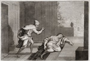 Royaumont bibliája, Ószövetség: A felháborodott lévita asszonya. Levita feleségét holtan találták az ajtóban, miután gengszterek bántalmazták. Illusztráció 1811-ből. alkotó: Unknown artist