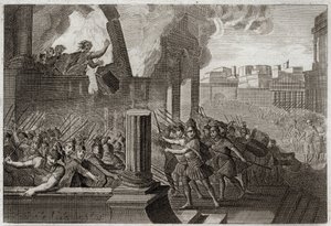 Royaumont Biblia, Ószövetség: Zambri megég. Zambri, miután fellázadt Ela, Izrael negyedik királya ellen, ostrom alá veszi Thersát, ahol megégeti magát egész családjával a palotájában. Illusztráció 1811-ből. alkotó: Unknown artist