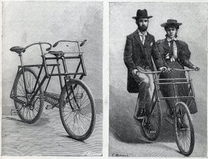 A kerékpár két üléssel rendelkezik a „Punnett Cycle” gyártótól, kerékpárosok nélkül és kerékpárral. Metszet a "" La Nature"-be alkotó: Unknown artist