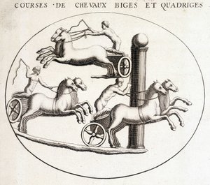 Biges és quadriges lóversenyek. 19. századi metszet. alkotó: Unknown artist