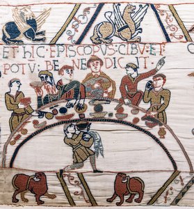 Odo püspök megáldja az ételeket és a bort, Bayeux gobelin (gyapjú hímzés vászonra) alkotó: Unknown artist