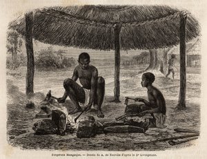 Kovács mangandzsa (a Zambeze régió etnikai csoportja). Metszet Dr. Livingstone első dél-afrikai útjainak illusztrálására 1840 és 1856 között, az Edouard Charton irányítása alatt megjelent „Le tour du monde, nouveau Journal des voyages” c. alkotó: Unknown artist