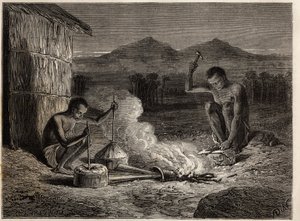 Kovácsok Simiangóban, a Zambese folyó partján. Metszet Dr. Livingstone első dél-afrikai útjainak illusztrálására 1840 és 1856 között, az Edouard Charton irányítása alatt megjelent „Le tour du monde, nouveau Journal des voyages” c. alkotó: Unknown artist