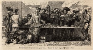 Könyvkészítők és brokantőrök a szélben, a Montanara tér közelében, egy felállított sátor alatt, amatőrök és papok versengenek a régiségekért, egyesek olvasnak ott, mások gesztusokkal alkudnak. Francis Wey által 186-ban készült metszet, az illustrrer le voy alkotó: Unknown artist