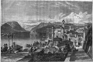 A Maggiore-tó Borromees-szigetei (Maggiore-tó Lombardiában) Olaszországban: Kilátás Isola Bella-ra (Ila-Bella). Gravírozás "" L