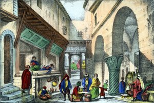 Üzletek Algír egyik utcájában. Léon Galibert „Ősi és modern Algériájában”. Olasz kiadás 1846 színes. alkotó: Unknown artist
