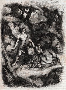 Bradamante terrassee egy óriástól – 1851-es metszet Ludovico Ariostotól (Orlando furioso) a „" Furious Roland" (Orlando furioso) (16. század) -tól, Ariosta néven ismert - Tressan gróf olasz nyelvről fordított kiadása, Gustave Harvard 1851. alkotó: Unknown artist