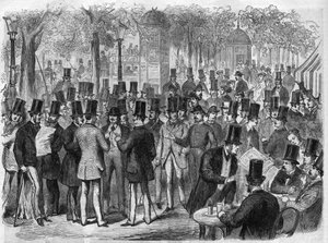 Brókerek a kis Bourse du Boulevard des Italians közelében Párizsban, Franciaországban. Metszet a „The Illustrous Universe”-be alkotó: Unknown artist