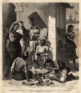 Burmai kereskedők, akik szöveteket és parfümöket árulnak laoszi nőknek egy pagoda ajtajában Muong Maiban. Francis Garnier, de Vaissseau hadnagy 1866-1868-as metszete az indokínai felfedezőút illusztrálására, megjelent a „” Le tour du mond” alkotó: Unknown artist