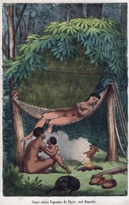 Cabane des Puris au Brazil – Egy brazíliai Puri kabin képe – metszet az Univerzum minden népének szokásairól és hagyományairól. Ez a kormányzás, a törvények, a milícia, a nemzetek vallásának története a legtávolabbi időktől a napokig alkotó: Unknown artist