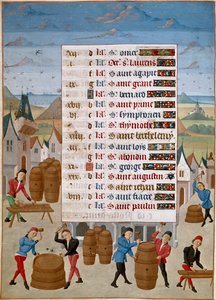 Naptár: augusztus - Boroshordók gyártása - Jean de Rolin mester miniatűrje (15. század) a „Savoyai Adelaide, Burgundia hercegnő óráiból” 1460-1465 Chantilly, Musee Conde alkotó: Unknown artist
