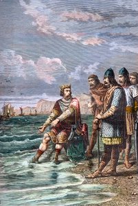 Nagy Canute meggyőzi brókereit, hogy nincs hatalma az árapály megfékezésére – II. Nagy Canut király (I. Nagy Knud) (kb. 995-1035), Anglia királya 1016-tól, Dánia 1018-tól és Norvégia királya 1016-tól 1030 - Megmutatja udvaroncainak, hogy onl alkotó: Unknown artist