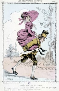 Gépjárműadó: „” új módja annak, hogy a kisasszonyok ne fizessenek adót, és előnyösen észrevegyenek”” - karikatúra az „”új adókról”” alkotó: Unknown artist