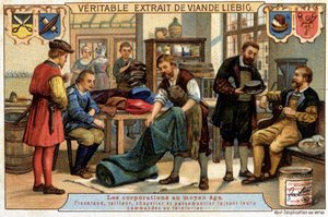 Karrier a középkorban: takács, szabó, kalapos és pásztor tisztítót rendel - chromo Liebig alkotó: Unknown artist