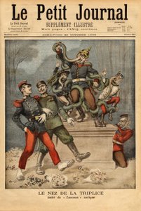 Karikatúra-allegória Németország, Ausztria-Magyarország és Olaszország hármas- vagy hármas szövetségéről, figyelve a másik európai szövetség, Franciaország és Oroszország múlását. Metszet a „” Le petit Journal”-ban, 1896.10.25. Selva gyűjteménye. alkotó: Unknown artist