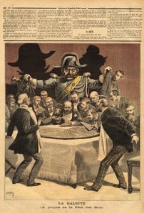 „La galette” karikatúra-illusztráció, a királyok ünnepéről, ahol a bankár felvágja a tortát, mindenki kicsapott, hogy részt vegyen, és feve helyett a csendőrt találta meg. Metszet a „” Le petit Journal”-ban 1893.07.01. Selva gyűjteménye. alkotó: Unknown artist