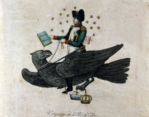 Rajzfilm Napóleonról az Elba-szigeti száműzetéséről. Napóleon sason jobb kezében egy Katonai sorozás című könyvet tart. A korszak metszete. alkotó: Unknown artist