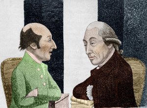James Hutton (1726 - 1797) rajzfilmje a bal oldalon, Joseph Black (1728 - 1799) a jobb oldalon Metszet 19. század eleje alkotó: Unknown artist