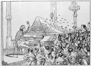 Rajzfilm Liszt Ferenc diadaláról egy 1842-es berlini koncerten.